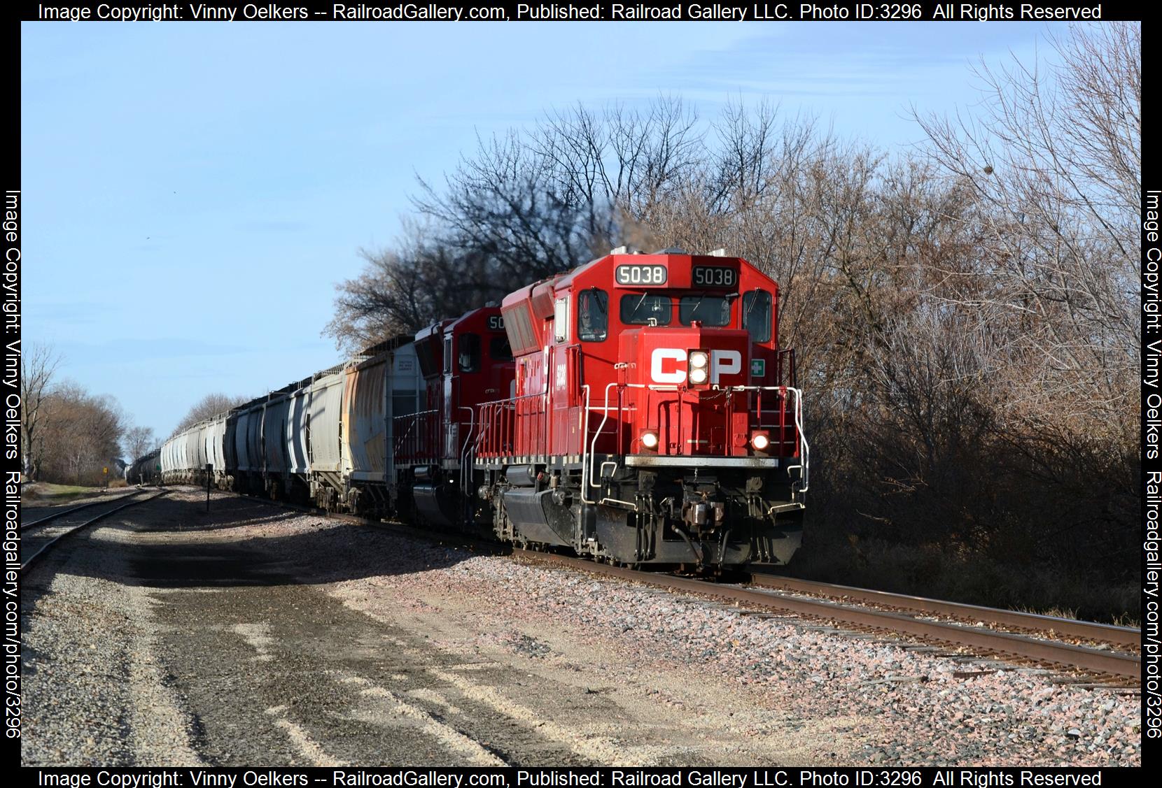 CP 5038 is a class SD30ECO  and  is pictured in Ventura , IA, United States.  This was taken along the Sheldon Subdivision  on the Canadian Pacific Railway. Photo Copyright: Vinny Oelkers uploaded to Railroad Gallery on 04/16/2024. This photograph of CP 5038 was taken on Friday, November 24, 2023. All Rights Reserved. 